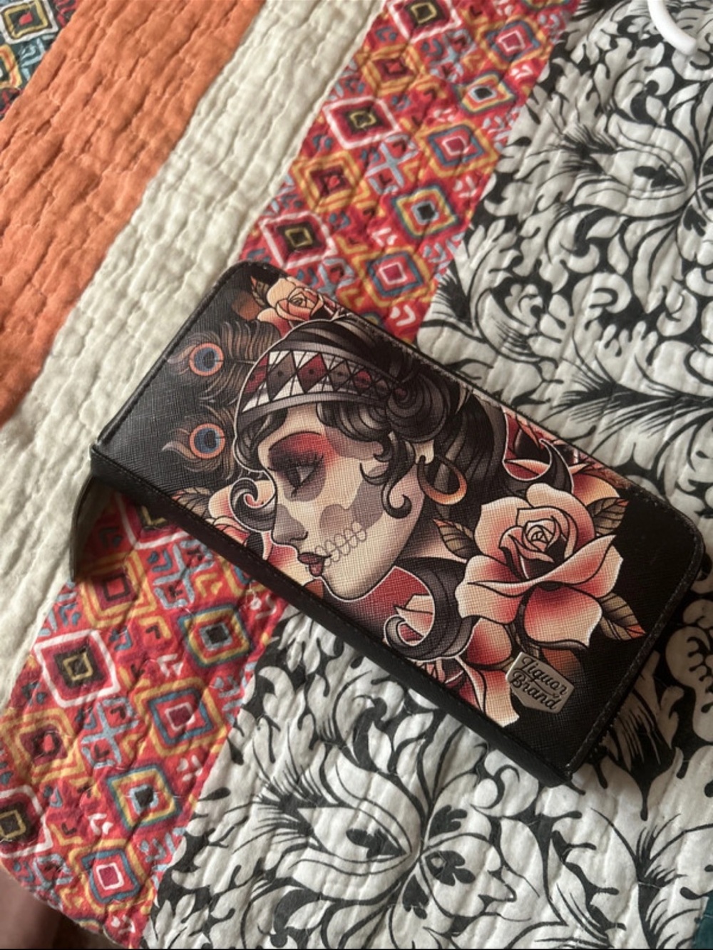 Liquor Brand Floral tattoo flash Skull Graphic Zip Wallet - Black and Pink